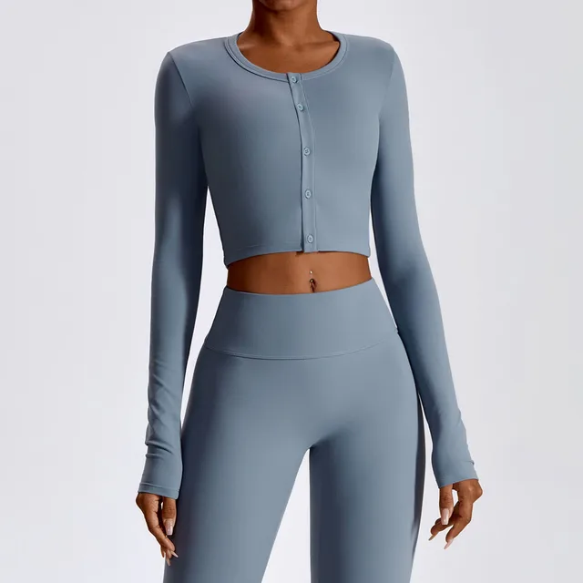 Button Long Sleeve Slim Tight Coat Quick Drying Sportwear Fitness Top