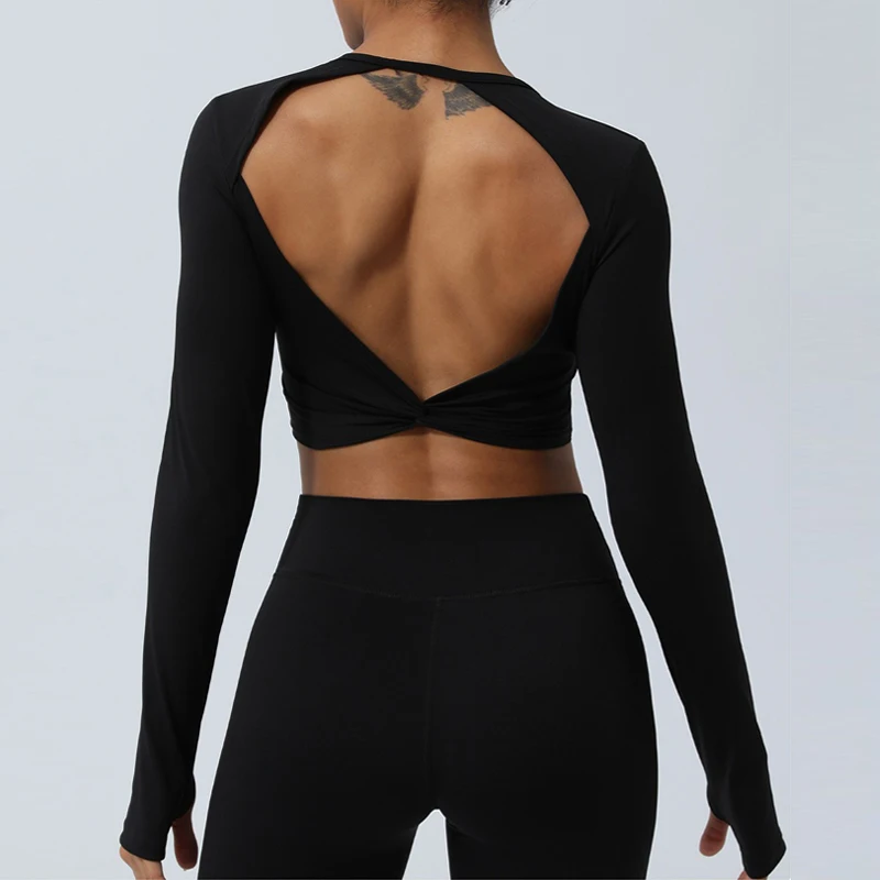 Sexy Backless Long Sleeve Yoga Quick Dry Sportswear Women Back Cross SportsTops-Zieline