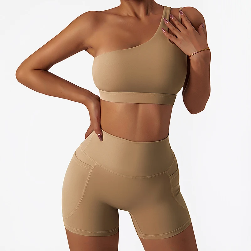 One Shoulder Sports Suit Women's Set 2 Pieces Gym Tracksuit Training Bra Running Yoga Set  ts