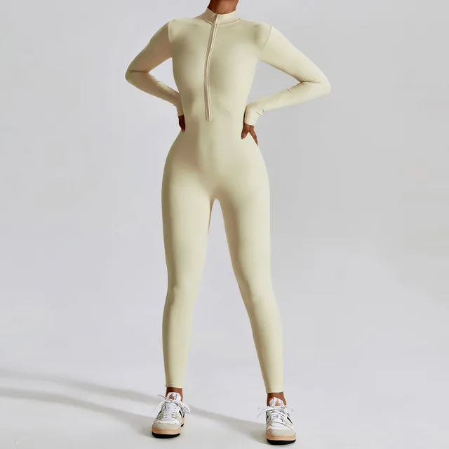Zip-up O-neck Long Sleeve Jumpsuit Streetwear Overalls One Piece Fitness Sport Bodysuits