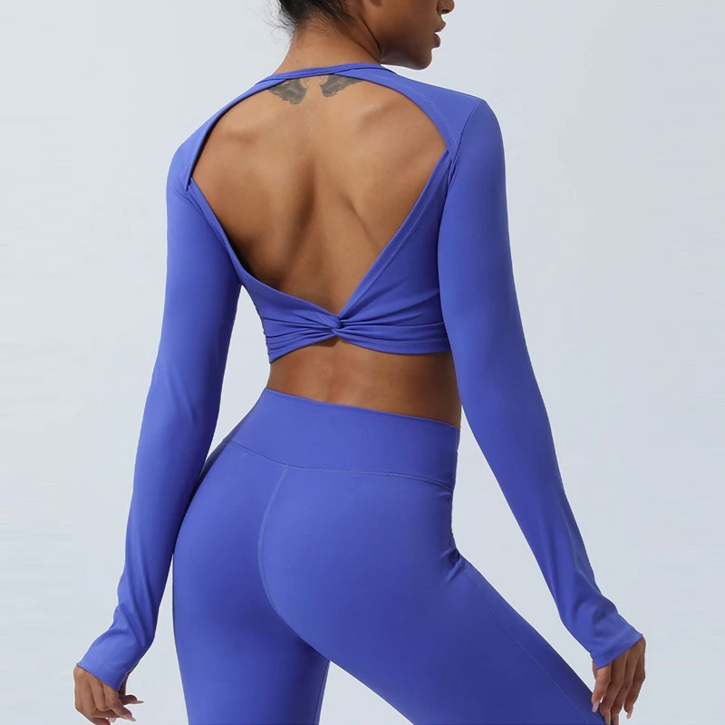 Sexy Backless Long Sleeve Yoga Quick Dry Sportswear Women Back Cross SportsTops-Zieline