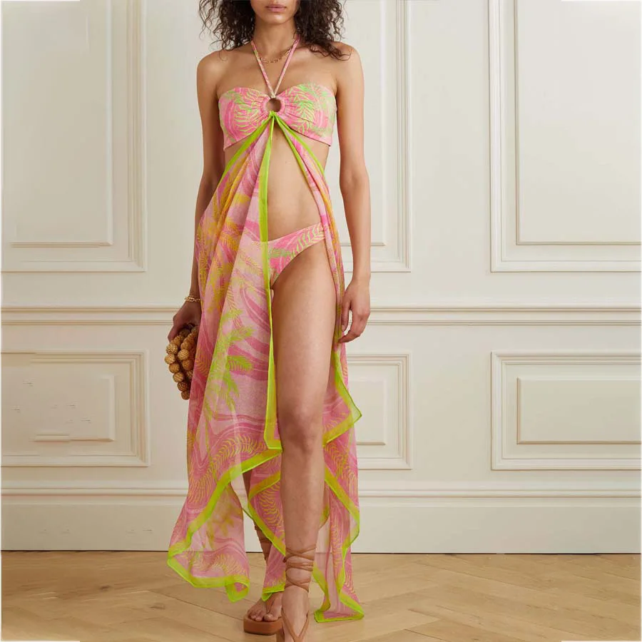  Halter Neck Geometric Print Bikini Cover Up Set Women's Swimsuit