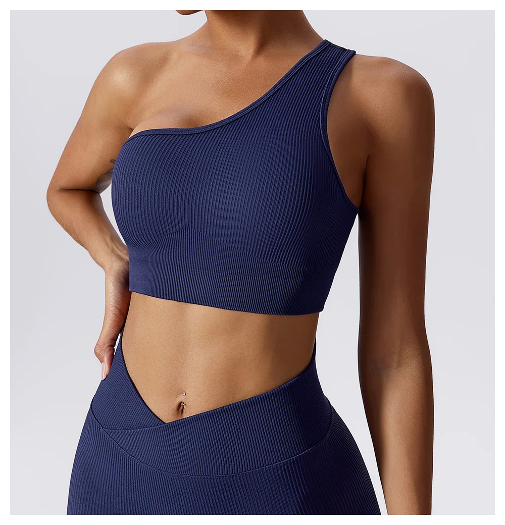One Shoulder Ribbed  Hollow Out Open Back Yoga Top Sexy Lingerie Push-up Gym Bra