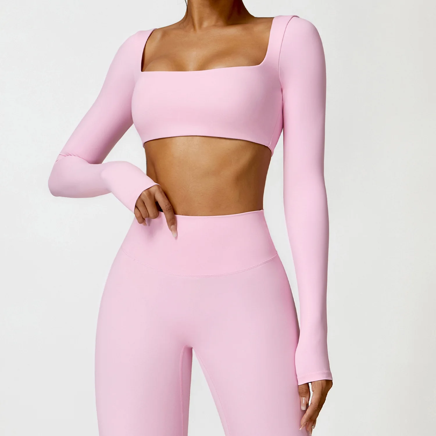 Sexy Square Neckline Elastic Yoga Long Sleeves Crop Top Gym Running Sportwear-Zieline