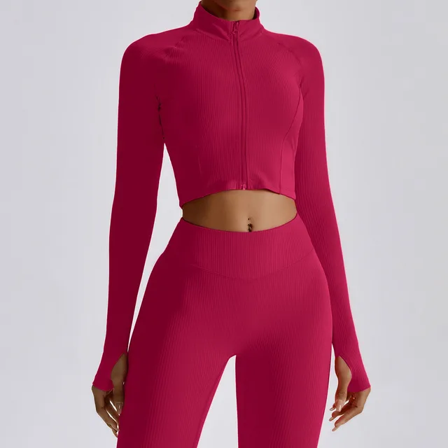 Full Zip-up Workout Running Fitness Jacket with Thumb Holes Stretchy Fitted  Crop Tops Activewear-Zieline