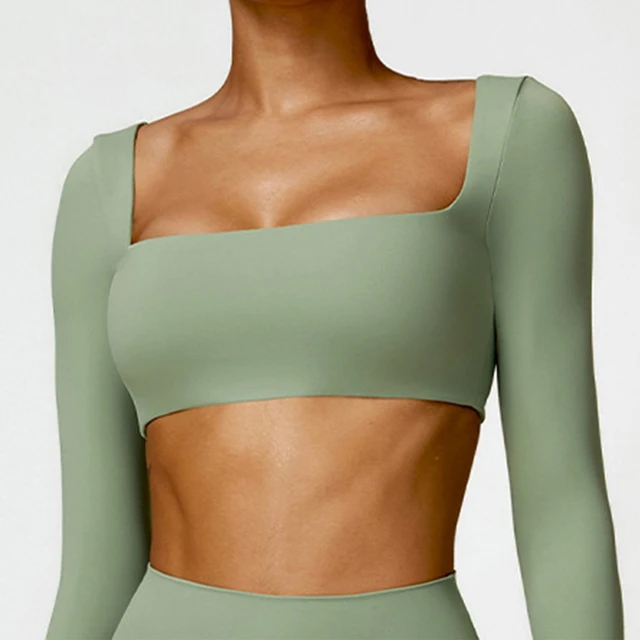 Sexy Square Neckline Elastic Yoga Long Sleeves Crop Top Gym Running Sportwear-Zieline