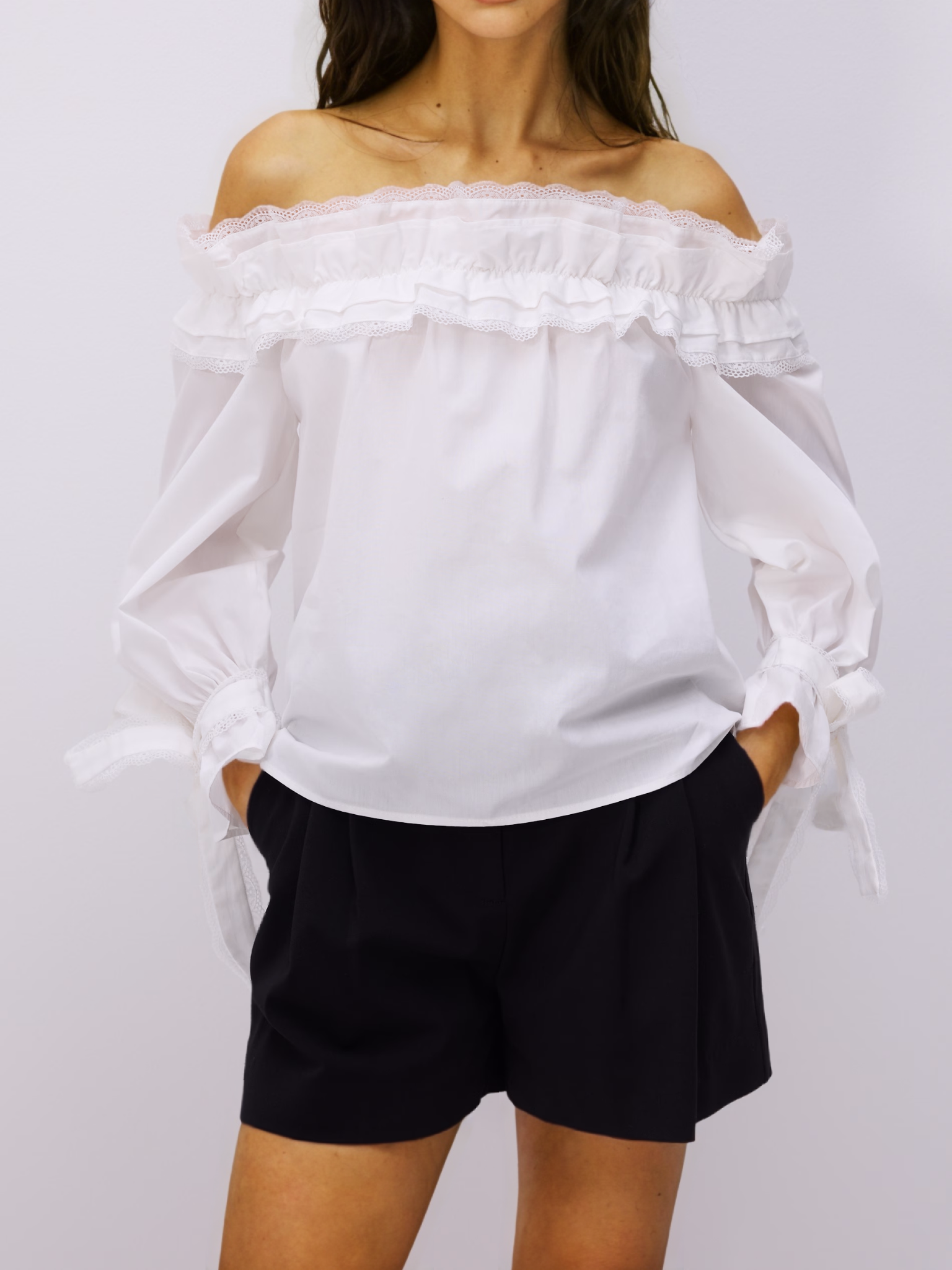 Ruffled Lace Trim Off-Shoulder Top