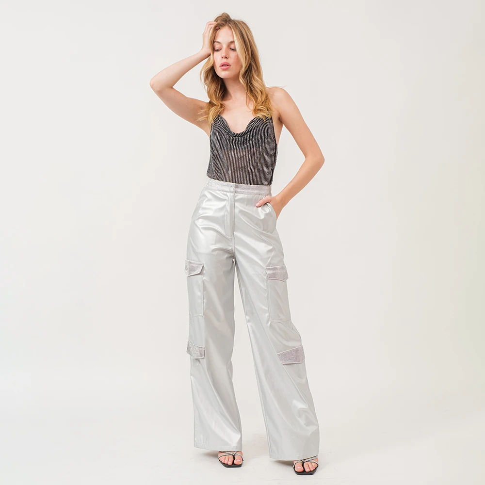 High Waist Patched Rhinestone Wide Legs Side Baggy Leather Cargo Pants