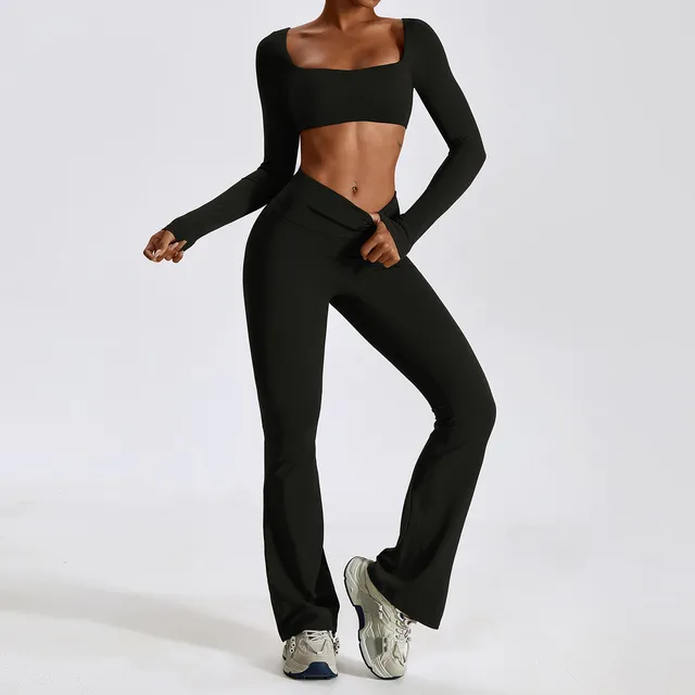 Workout Sportswear Gym Clothing Fitness Long Sleeve Crop Top High Waist Leggings Sports Set