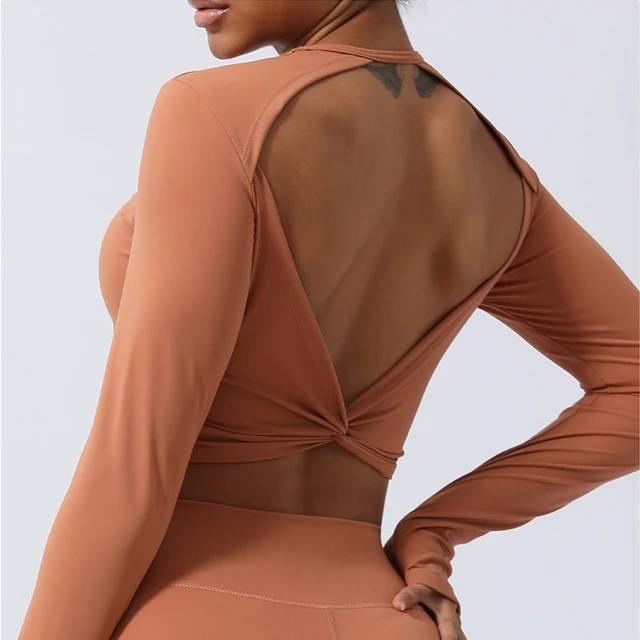 Sexy Backless Long Sleeve Yoga Quick Dry Sportswear Women Back Cross SportsTops-Zieline