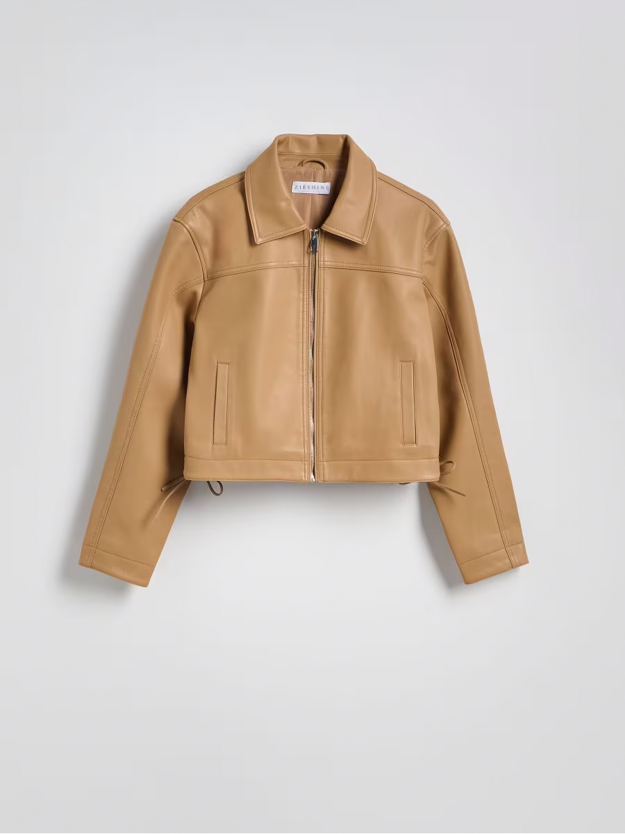 Cropped Faux Leather Drawstring Jacket