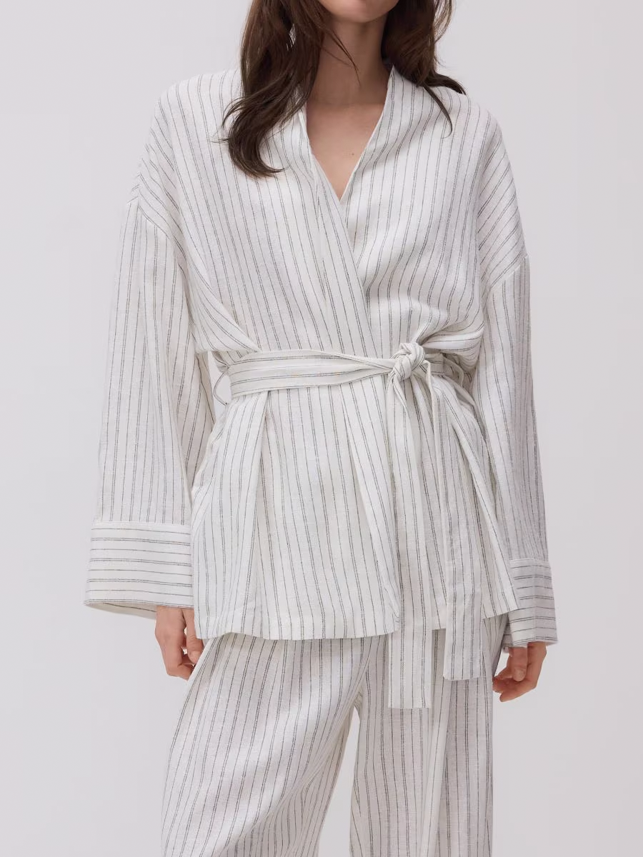Linen Striped Belted Oversize Blazer