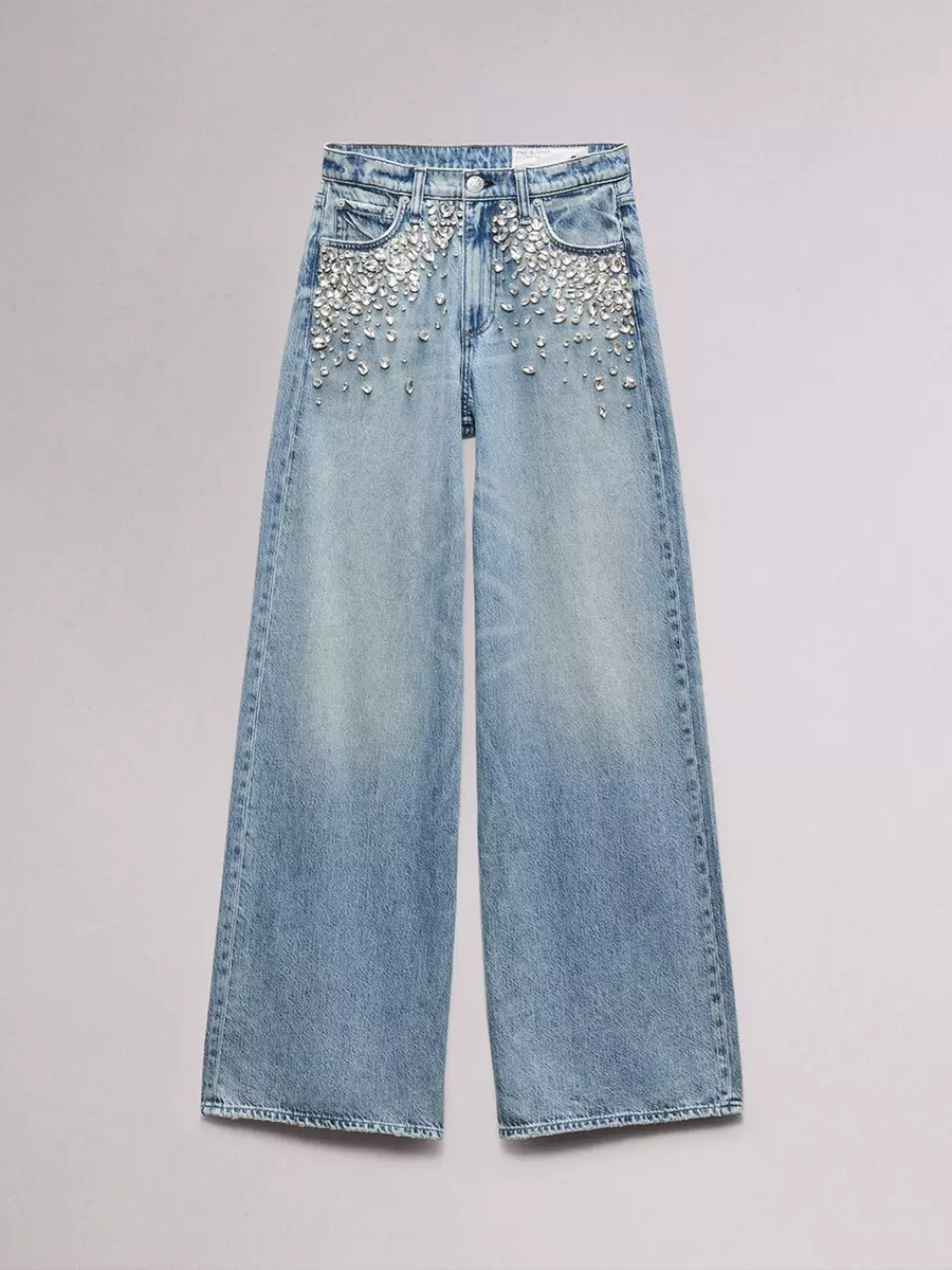 Crystal Embellished Wide Leg Women Jeans