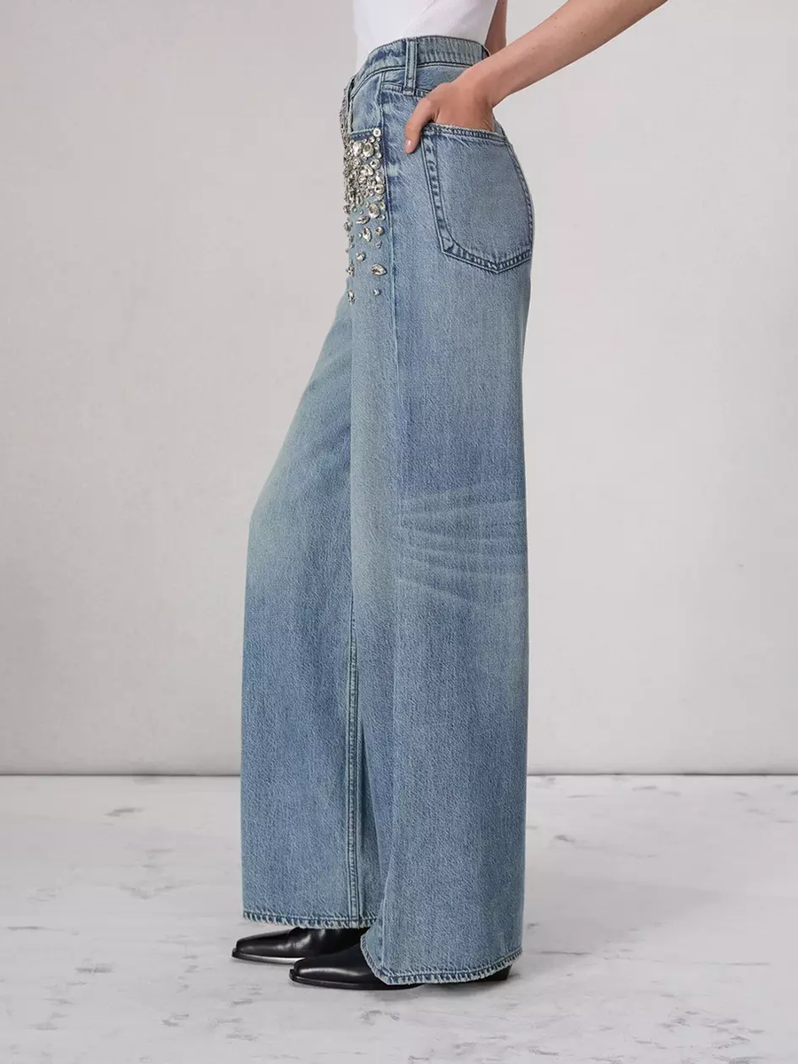 Crystal Embellished Wide Leg Women Jeans