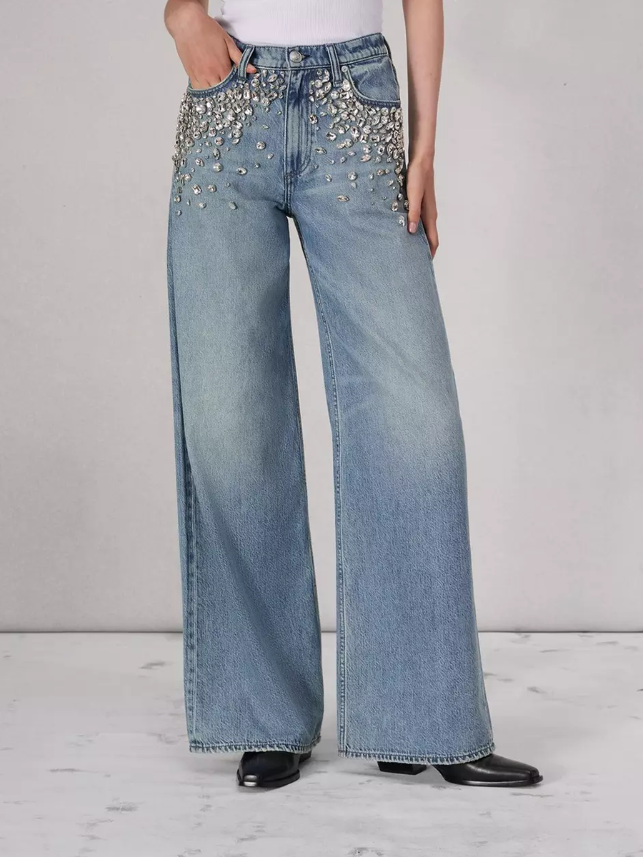 Crystal Embellished Wide Leg Women Jeans