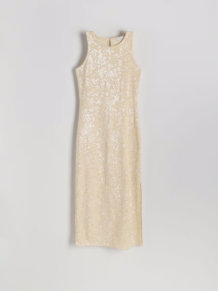 Round Neck Side Slit Sequin Women Maxi Dress