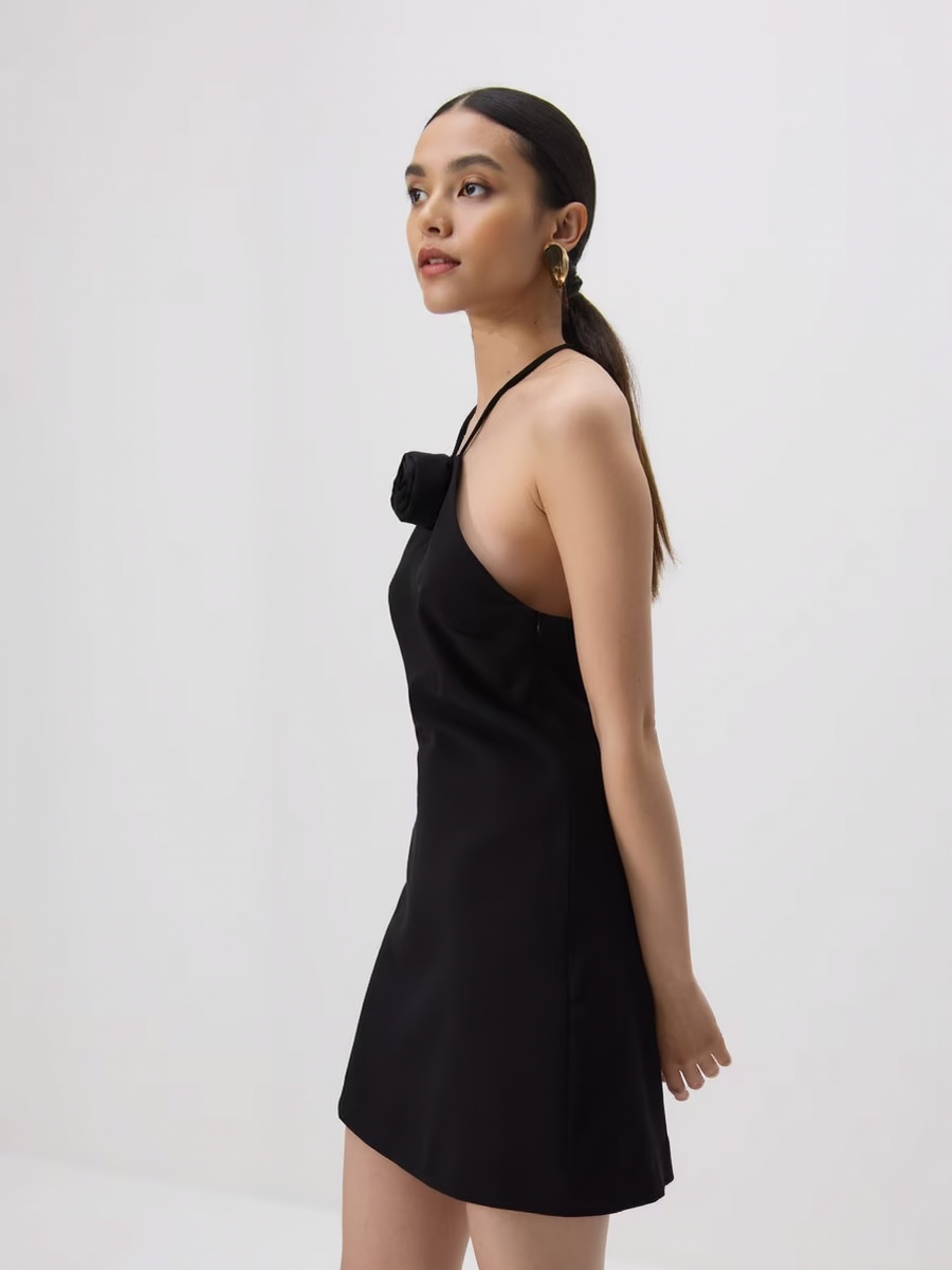 Rose Decorated Halter Neck Women Dress