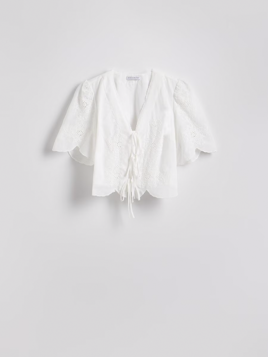 Openwork Embroidered Tie Top And Shorts Set