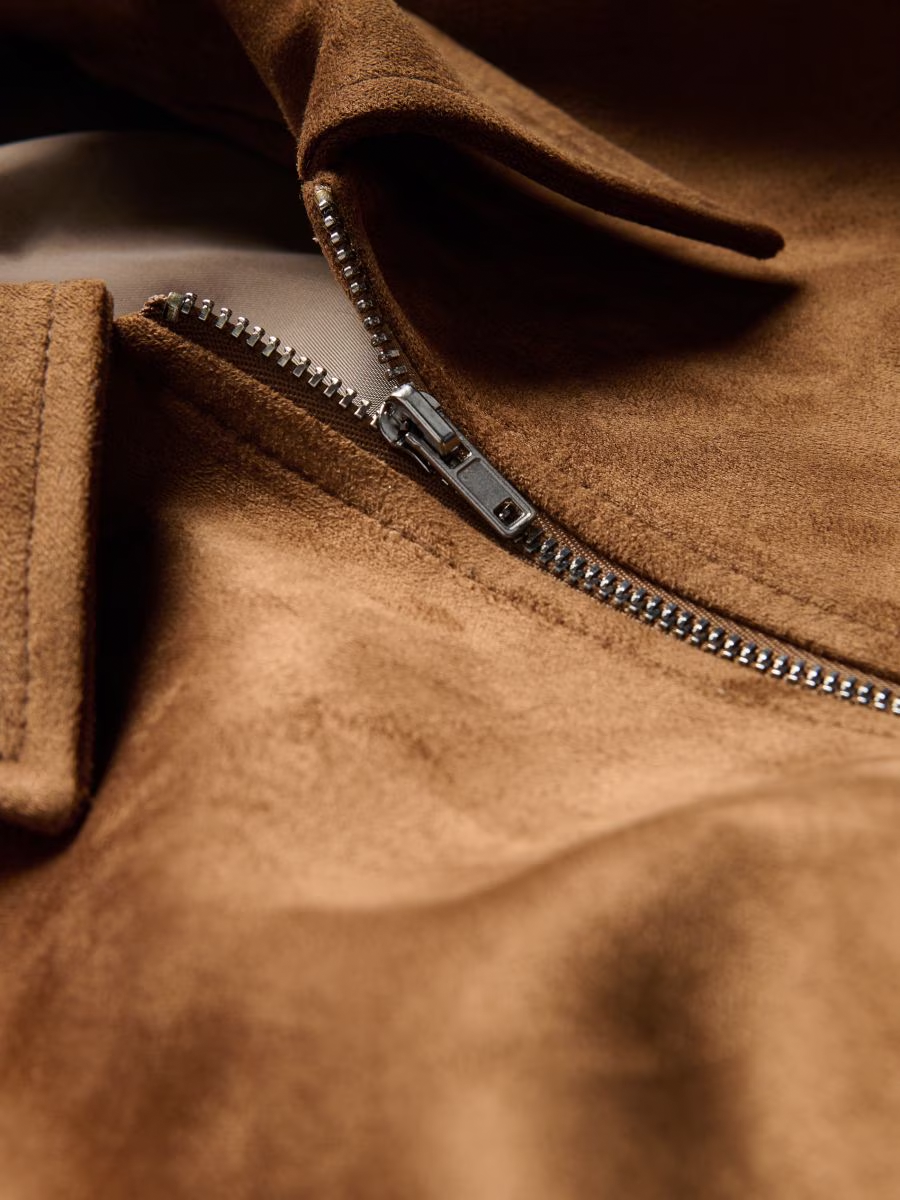 Suede Stand Collar Zipper Cropped Jacket