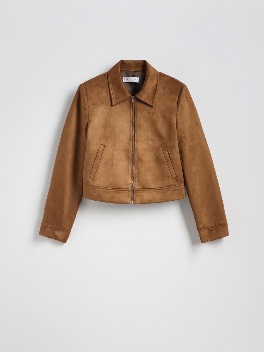 Suede Stand Collar Zipper Cropped Jacket