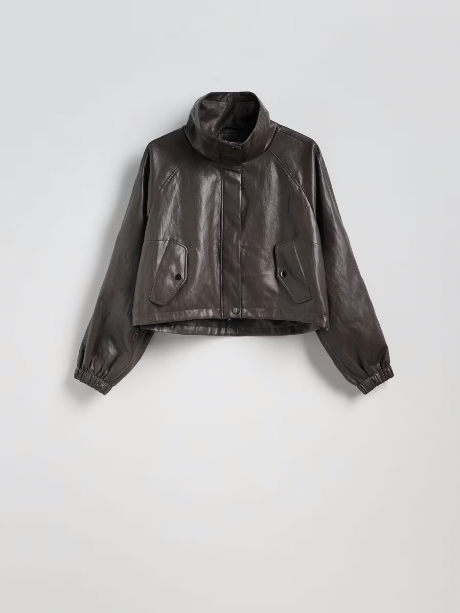 Faux Leather High Stand Collar Cropped Jacket