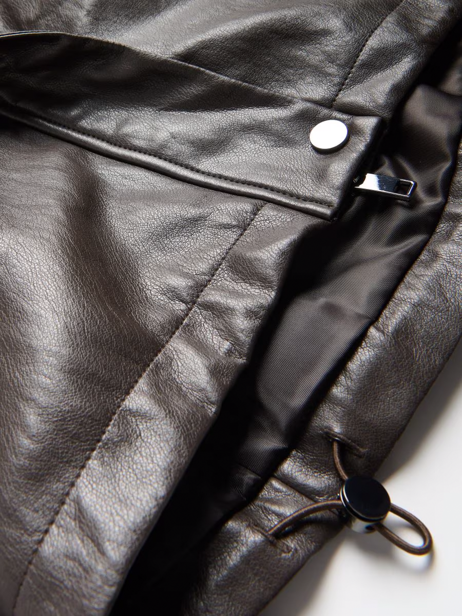 Faux Leather High Stand Collar Cropped Jacket