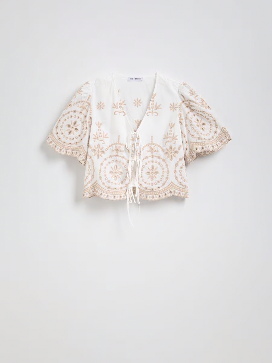 Vintage Embroidery Pattern Lace-Up Shirt and Shorts Set