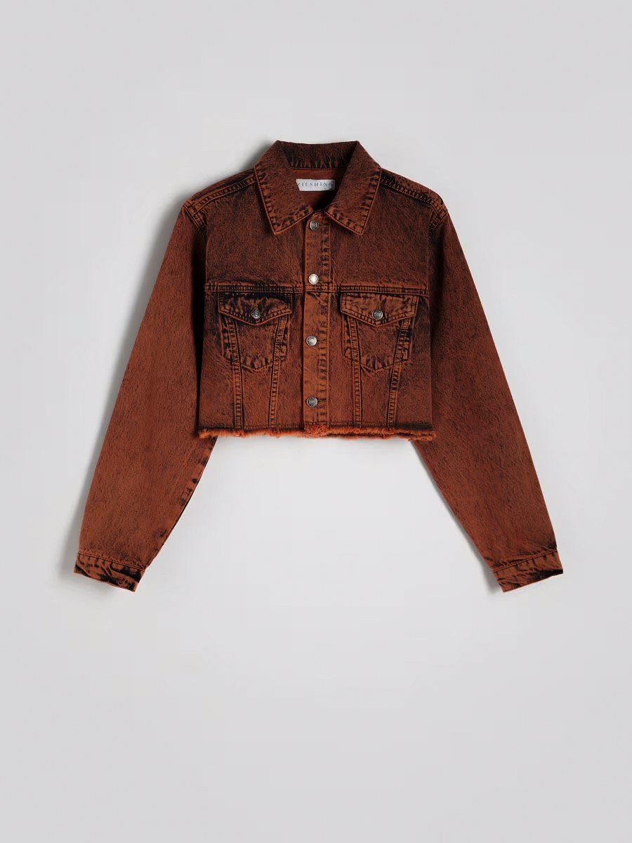 Washed Orange Effect Cropped Denim Jacket