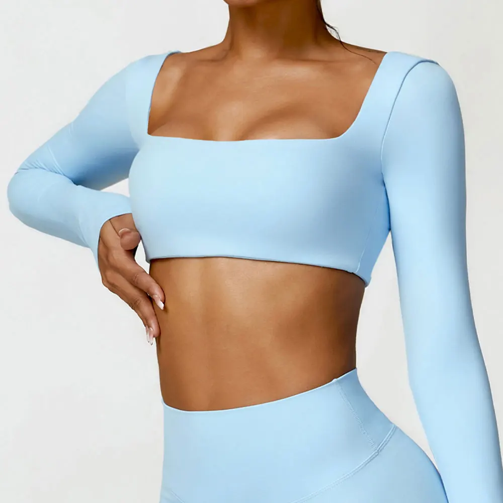 Sexy Square Neckline Elastic Yoga Long Sleeves Crop Top Gym Running Sportwear-Zieline