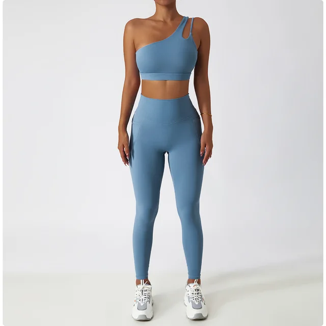 One Shoulder Sports Suit Women's Set 2 Pieces Gym Tracksuit Training Bra Running Yoga Set  ts