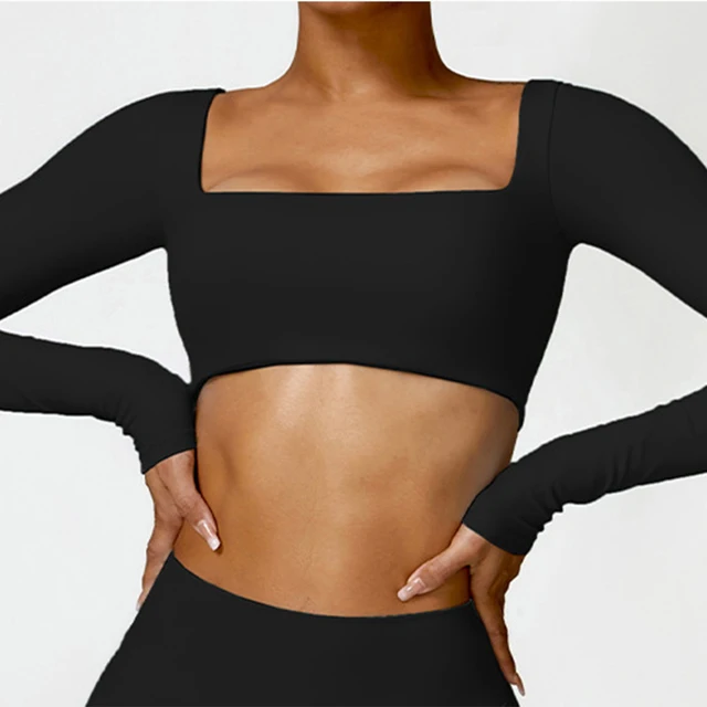Sexy Square Neckline Elastic Yoga Long Sleeves Crop Top Gym Running Sportwear-Zieline