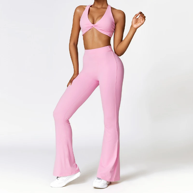 2Pcs Sports Set Women Quick-Drying Yoga Suit V Back Scrunch Flared Pants Gym Set -Zieline