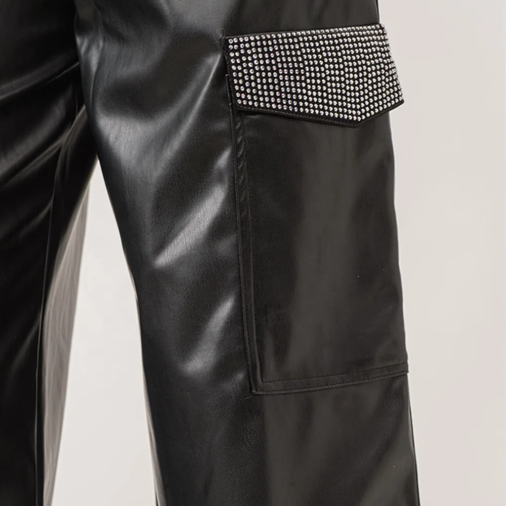 High Waist Patched Rhinestone Wide Legs Side Baggy Leather Cargo Pants
