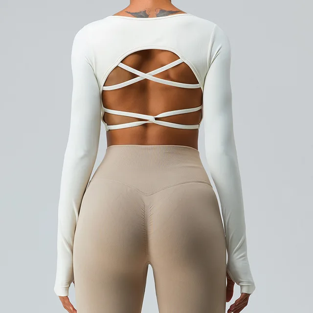 Sexy Back Cross Women Long Sleeve Shirt Yoga Quick Dry GymWorkout Crop Top -Zieline