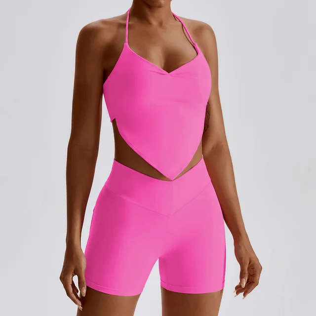 2Pcs Workout Crop Top High Waist Leggings Shorts Fitness Gym Wear Knitted Sport Suits Sportswear