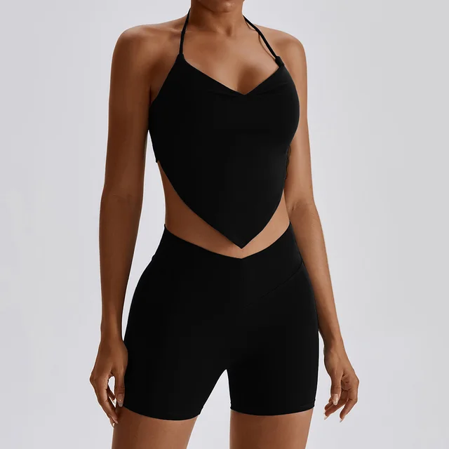 2Pcs Workout Crop Top High Waist Leggings Shorts Fitness Gym Wear Knitted Sport Suits Sportswear