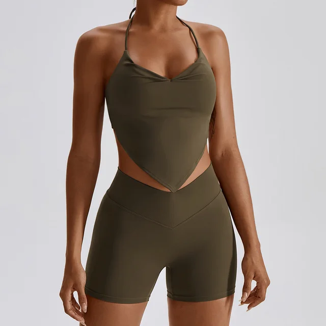 2Pcs Workout Crop Top High Waist Leggings Shorts Fitness Gym Wear Knitted Sport Suits Sportswear