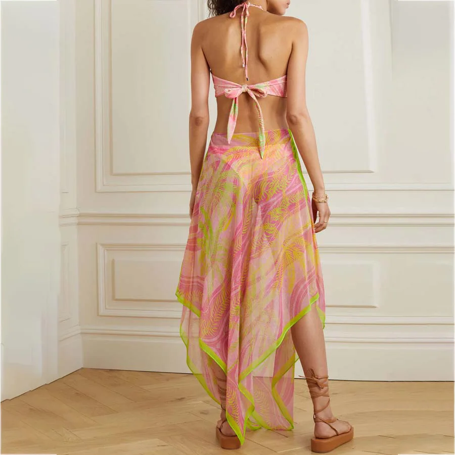  Halter Neck Geometric Print Bikini Cover Up Set Women's Swimsuit