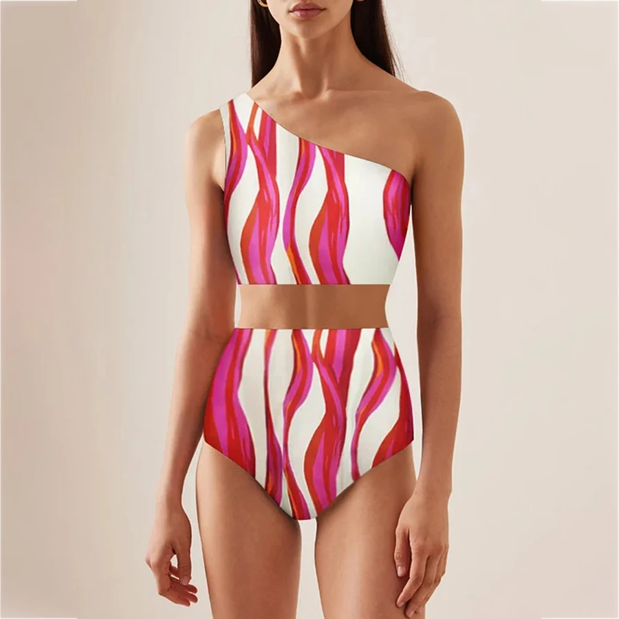 One Shoulder Striped Two Piece Swimsuit and Pants Women's Sexy Bikini Set Vacation Beachwear