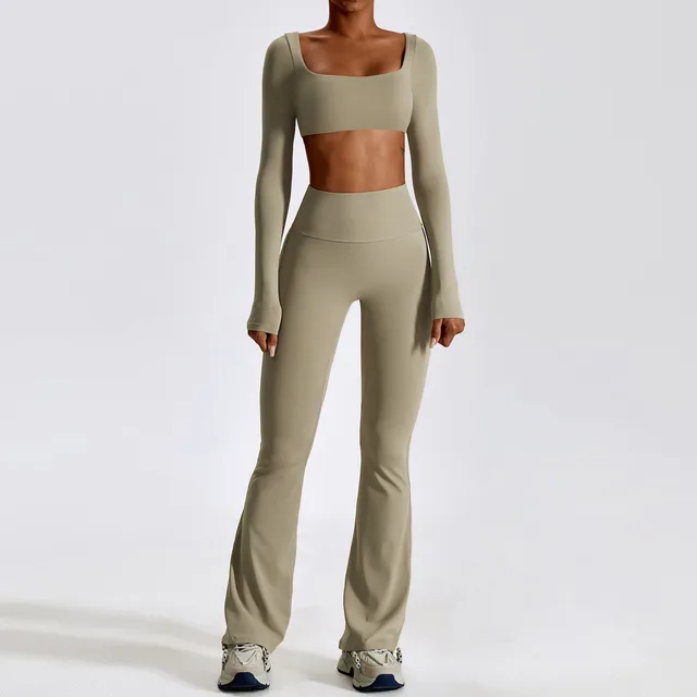 Workout Sportswear Gym Clothing Fitness Long Sleeve Crop Top High Waist Leggings Sports Set