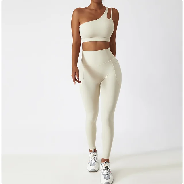 One Shoulder Sports Suit Women's Set 2 Pieces Gym Tracksuit Training Bra Running Yoga Set  ts