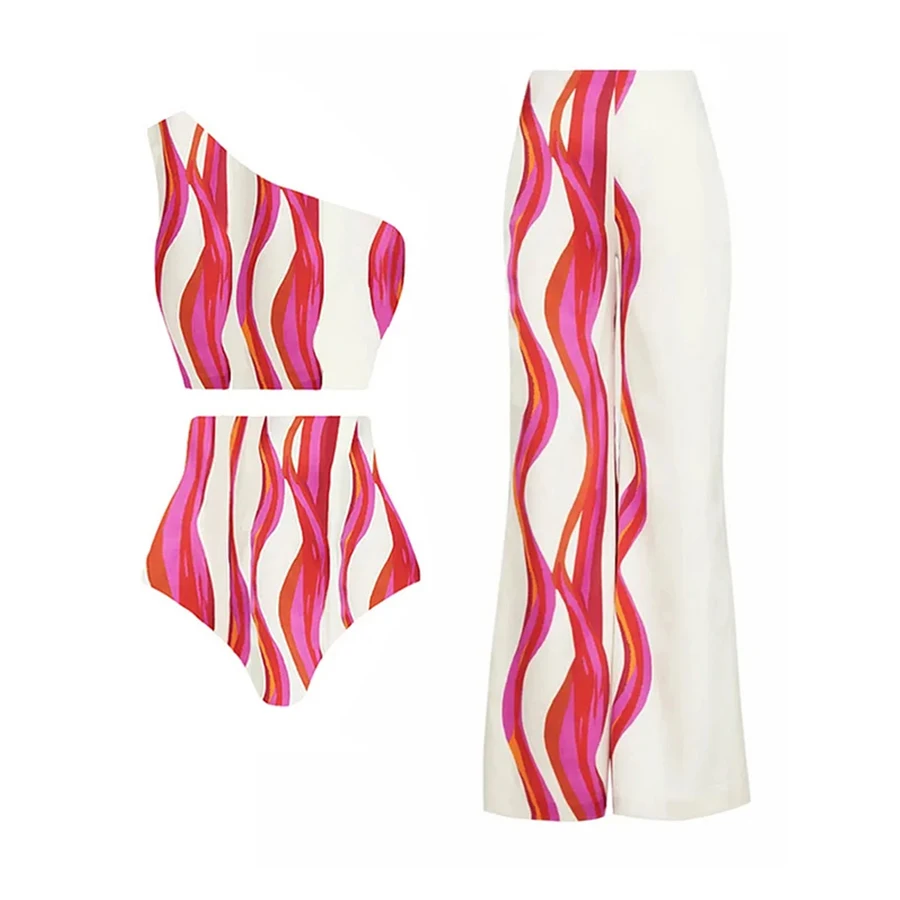 One Shoulder Striped Two Piece Swimsuit and Pants Women's Sexy Bikini Set Vacation Beachwear