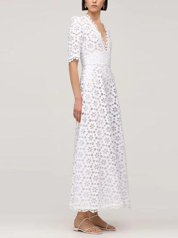 V Neck Half Sleeve High Waist Solid Temperament Slimming A Line Dress-Zieline