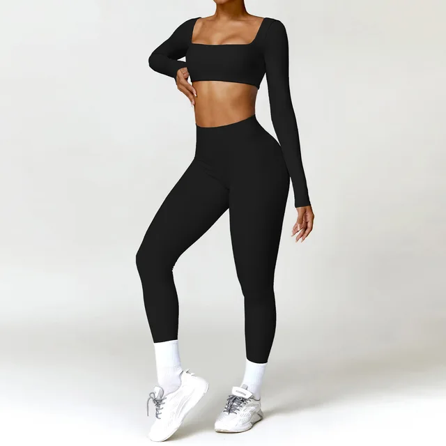 2PCS Yoga Suit Sports Set Quick-Drying Gym Set Tracksuit Running Workout Long Sleeve Sports Shirt -Zieline