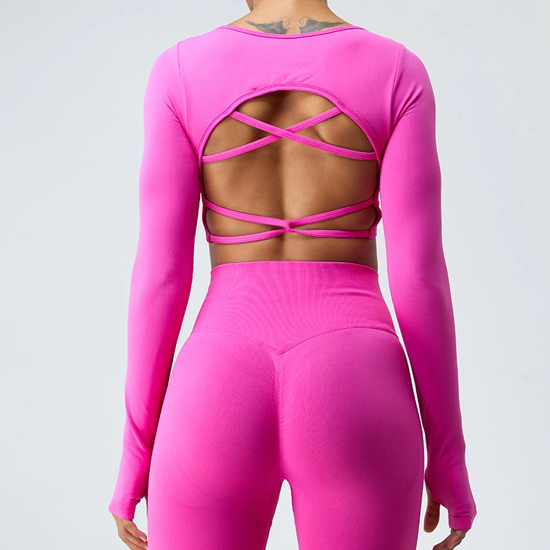 Sexy Back Cross Women Long Sleeve Shirt Yoga Quick Dry GymWorkout Crop Top -Zieline