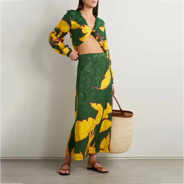  Tropical Print Long Beach Dress Women's Two Piece Swimsuit Bikini Long Sleeve Luxury Swimwear -Zieline