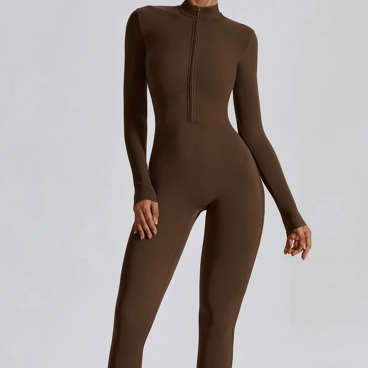 Zip-up O-neck Long Sleeve Jumpsuit Streetwear Overalls One Piece Fitness Sport Bodysuits