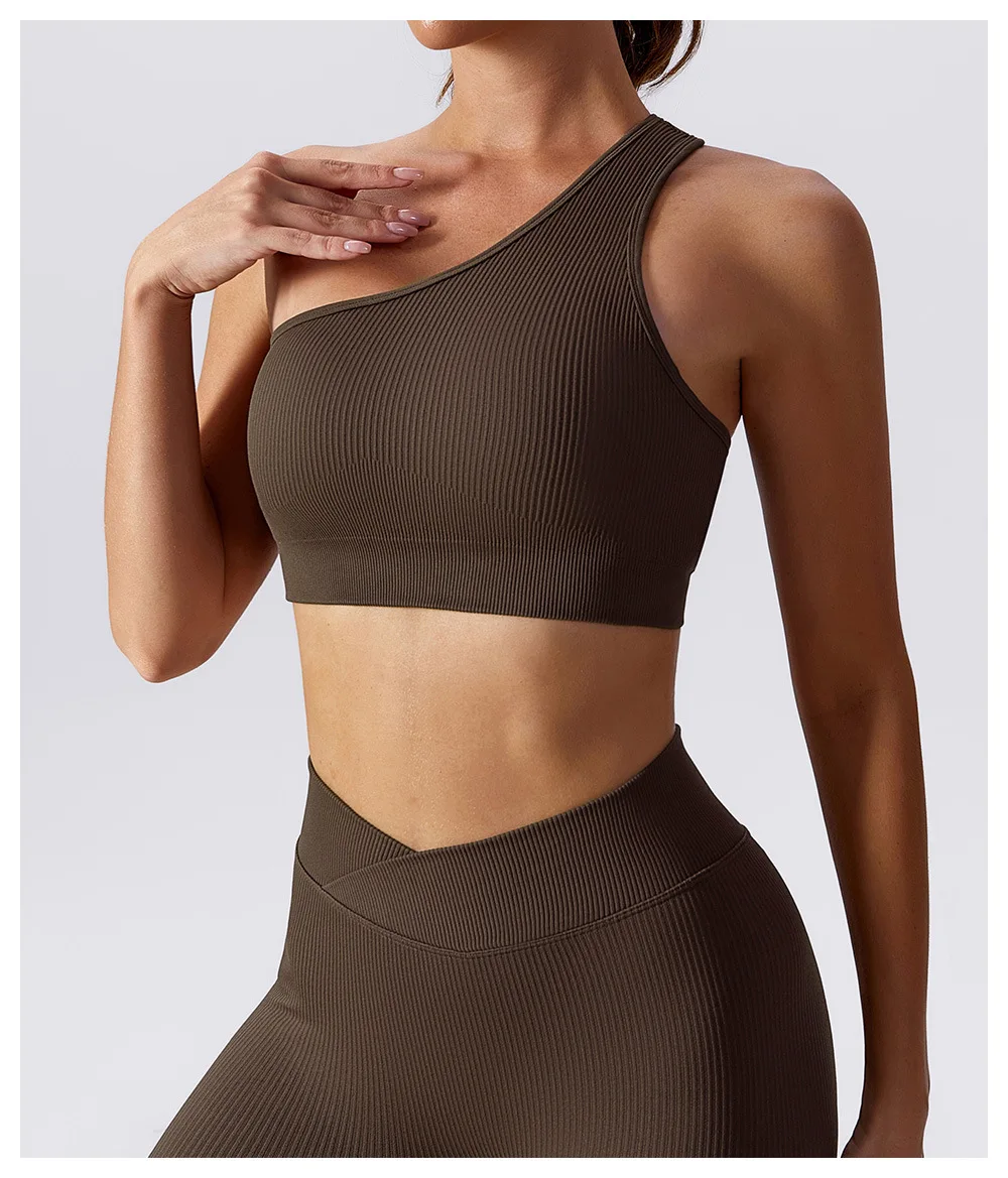 One Shoulder Ribbed  Hollow Out Open Back Yoga Top Sexy Lingerie Push-up Gym Bra