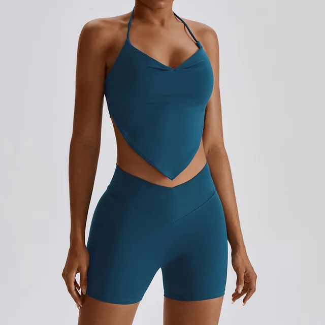 2Pcs Workout Crop Top High Waist Leggings Shorts Fitness Gym Wear Knitted Sport Suits Sportswear