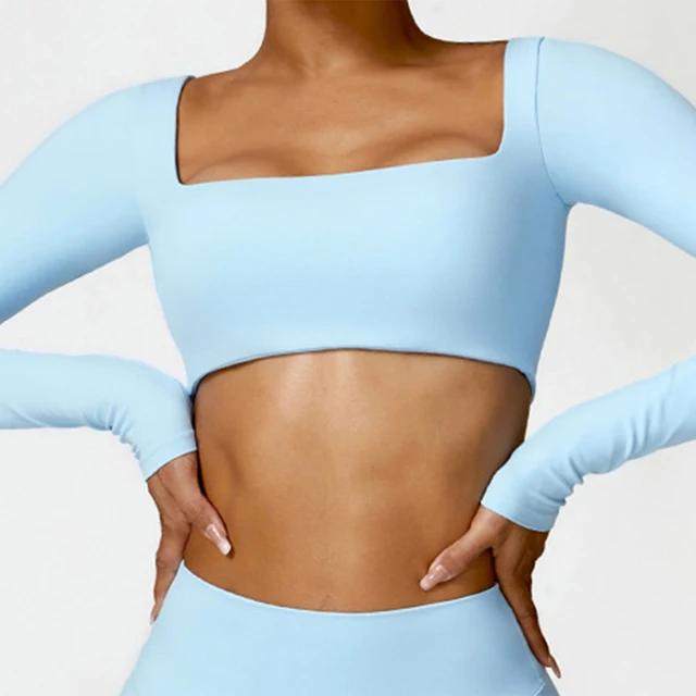Sexy Square Neckline Elastic Yoga Long Sleeves Crop Top Gym Running Sportwear-Zieline
